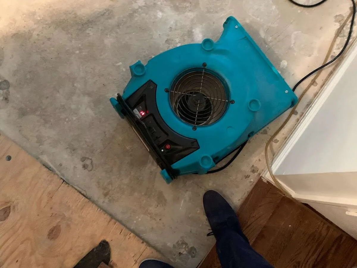 Air mover drying subfloor during Commercial Water Damage Restoration in Murraysville